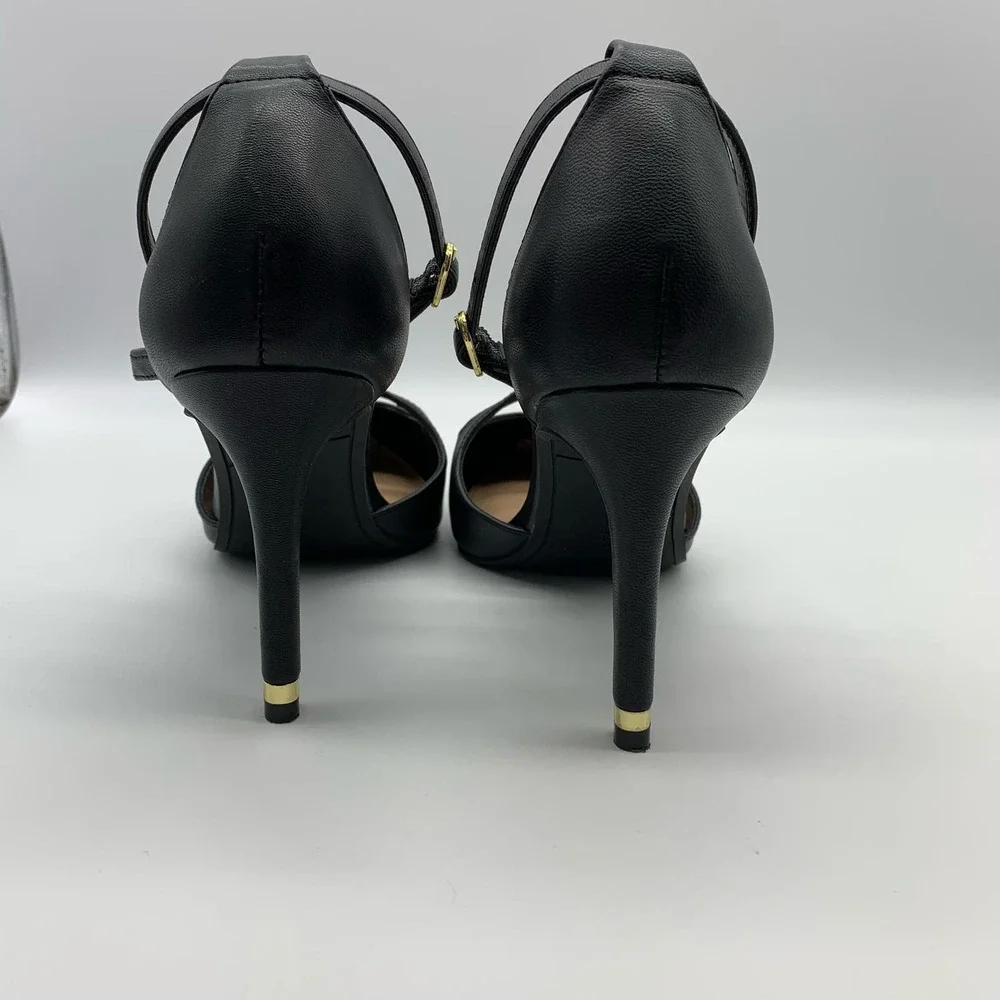 Kelly & Katie Pointed Toe Black Strappy Black Pumps With Gold Trim Heel Sz 10M - Picture 7 of 12